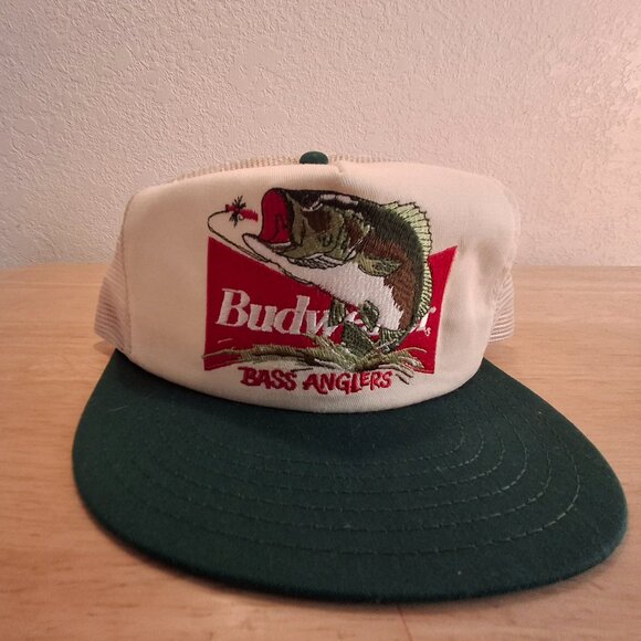 Vintage 90's Budweiser Bass Anglers Trucker Mesh Hat Anheuser-Busch Snapback - Picture 1 of 7